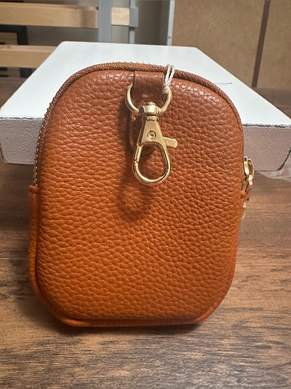 🆕 Pretty Simple Vegan Leather Clip-On Mini Pouch Cognac & Gold Tone Hardware
